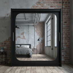 Bega Viii 180 Sliding Door Wardrobe Modern Black Design With Mirror Hanging Rail And Spacious Shelves - thumbnail 4