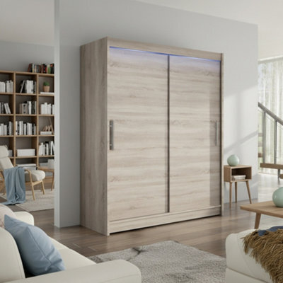 Galeria Modern Sliding Door Wardrobe 150Cm With Led Lighting In Truffle - image 1