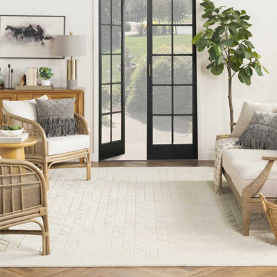 Ivory Geometric Modern Wool Rug For Living Room Bedroom & Dining Room-297Cm X 419Cm
