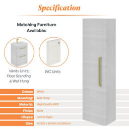 Plum&clay Emery Wall Hung Textured White Tall Bathroom Cabinet With Gold Bar Handle (H)120Cm (W)35Cm - thumbnail 5