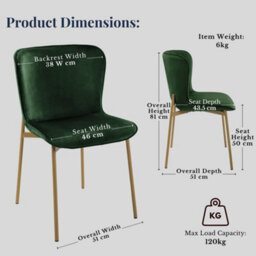 Evre Emerald Green Velvet Dining Chairs Set Of 2 With Bronze Colour Metal Frame Ideal For Kitchen, Living Room, Restaurant & Cafe. - thumbnail 2