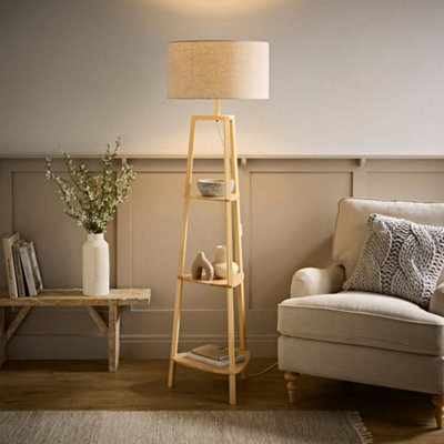 Valuelights Hiru Large Linen Drum Shade Natural 3 Tier Wooden Shelf Floor Lamp - image 1
