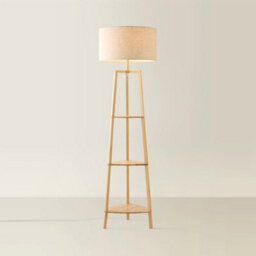 Valuelights Hiru Large Linen Drum Shade Natural 3 Tier Wooden Shelf Floor Lamp - thumbnail 3