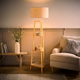 Valuelights Hiru Large Linen Drum Shade Natural 3 Tier Wooden Shelf Floor Lamp - thumbnail 2