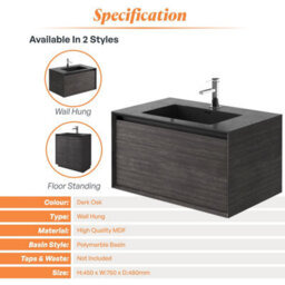 Plum&clay Matterhorn Dark Oak Wall Hung Bathroom Vanity Unit With Black Basin (W)750mm (H)450mm - thumbnail 4