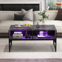 Gainoom High-Gloss Led Coffee Table Center Table With Faux Marble & Tempered Glass Top - thumbnail 3