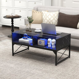 Gainoom High-Gloss Led Coffee Table Center Table With Faux Marble & Tempered Glass Top - thumbnail 4