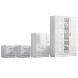 Reflect 3 Door Mirror Wardrobe, 5 Drawer Chest, 2X 2 Drawer Bedsides - White Gloss & Matt White - Modern Bedroom Furniture Set - thumbnail 5