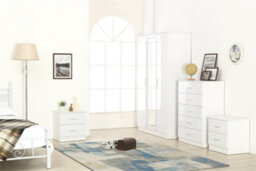Reflect 3 Door Mirror Wardrobe, 5 Drawer Chest, 2X 2 Drawer Bedsides - White Gloss & Matt White - Modern Bedroom Furniture Set