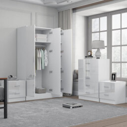 Reflect 3 Door Mirror Wardrobe, 5 Drawer Chest, 2X 2 Drawer Bedsides - White Gloss & Matt White - Modern Bedroom Furniture Set - thumbnail 2