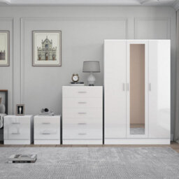 Reflect 3 Door Mirror Wardrobe, 5 Drawer Chest, 2X 2 Drawer Bedsides - White Gloss & Matt White - Modern Bedroom Furniture Set - thumbnail 3