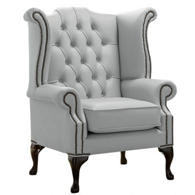 Chesterfield High Back Wing Chair Shelly Silver Grey Leather Bespoke In Queen Anne Style - image 1