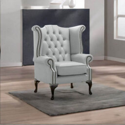 Chesterfield High Back Wing Chair Shelly Silver Grey Leather Bespoke In Queen Anne Style - thumbnail 3
