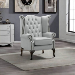 Chesterfield High Back Wing Chair Shelly Silver Grey Leather Bespoke In Queen Anne Style - thumbnail 2