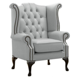 Chesterfield High Back Wing Chair Shelly Silver Grey Leather Bespoke In Queen Anne Style - thumbnail 1