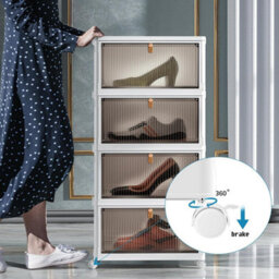 Hygrad Built to Survive Foldable Plastic Shoe Box Stackable Storage Cabinet - Wardrobe Storage Organizer Containers With Lid & Lockable Wheels (4-Tier) - thumbnail 6