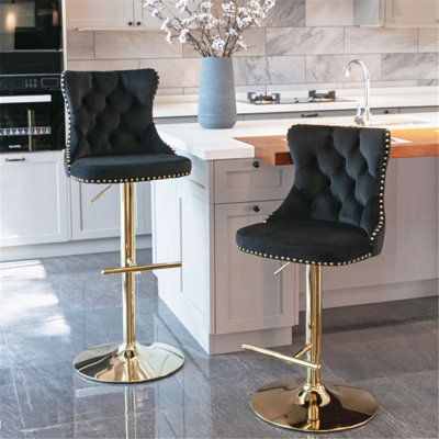 2 Black Swivel Chairs, Velvet, Swivel, Gold Trim