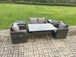 Fimous Outdoor Rattan Garden Furniture Lounge Sofa Set With Oblong Rectangular Dining Table 2 Pc Side Tables - thumbnail 2