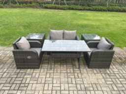 Fimous Outdoor Rattan Garden Furniture Lounge Sofa Set With Oblong Rectangular Dining Table 2 Pc Side Tables - thumbnail 1