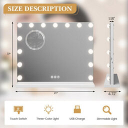 Vanity Makeup Mirror 15 Bulbs 3 Color Modes Wall Or Tabletop 24X22In - thumbnail 2