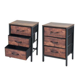 2 Pack Rustic Bedside Cabinet Bedroom Furniture 3 Drawer Storage Nightstand Side Table - thumbnail 1