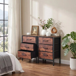 2 Pack Rustic Bedside Cabinet Bedroom Furniture 3 Drawer Storage Nightstand Side Table - thumbnail 5
