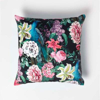 Homescapes Floral Garden Parrot Filled Velvet Cushion 46 X 46 Cm - image 1