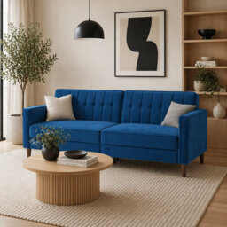 Wyld Haus Pariha Susa Velvet Blue 3-Seater Sofa Bed - Reclining Back, Foam Fill, Wooden Legs - thumbnail 1