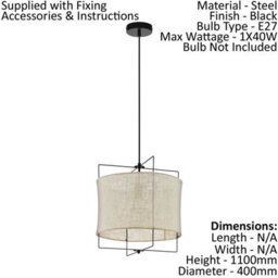 Stylish Black Hanging Pendant Light With Linen Shade - 1X 40W E27 Bulb - thumbnail 2