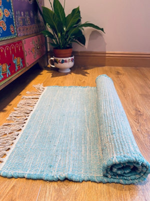 Second Nature Online Hush Hand Loomed Soft Cotton Rug In Muted Colours / 60 X 210 Cm / Turquoise - image 1