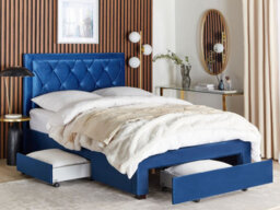 Beliani Bed With Storage Drawers Velvet Lievin 140 X 200 Cm (Eu Double) Navy Blue - thumbnail 2