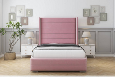 "Sloomy Sterling Pink Plush Bed Frame With Mattress With 50"" Upholstered Wingback Headboard 4'6 Double" - image 1