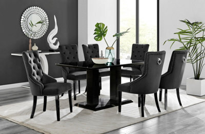 Furniturebox Imperia Black High Gloss 6 Seater Dining Table With Structural 2 Plinth Column Legs 6 Black Velvet Black Leg Belgravia Chairs - image 1
