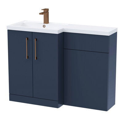 Balterley Left-Hand Bathroom Vanity And Wc Unit Combination With Basin - 1100mm - Satin Dark Blue With Brushed Bronze Handles - image 1