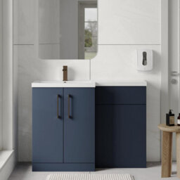 Balterley Left-Hand Bathroom Vanity And Wc Unit Combination With Basin - 1100mm - Satin Dark Blue With Brushed Bronze Handles - thumbnail 2