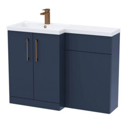 Balterley Left-Hand Bathroom Vanity And Wc Unit Combination With Basin - 1100mm - Satin Dark Blue With Brushed Bronze Handles