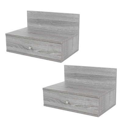 Core Products Pair Of Kelly Grey Oak Effect Wall-Mounted Bedside Cabinets With Drawer - Modern Floating Bedside Tables - image 1