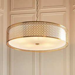 Luminosa Lighting Luminosa Cordero Cylindrical Pendant Ceiling Light Gold Effect Plate, White Fabric & Frosted Glass 5X E27 - thumbnail 4
