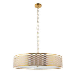 Luminosa Lighting Luminosa Cordero Cylindrical Pendant Ceiling Light Gold Effect Plate, White Fabric & Frosted Glass 5X E27 - thumbnail 7