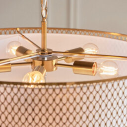 Luminosa Lighting Luminosa Cordero Cylindrical Pendant Ceiling Light Gold Effect Plate, White Fabric & Frosted Glass 5X E27 - thumbnail 5