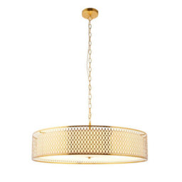 Luminosa Lighting Luminosa Cordero Cylindrical Pendant Ceiling Light Gold Effect Plate, White Fabric & Frosted Glass 5X E27 - thumbnail 6