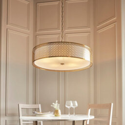 Luminosa Lighting Luminosa Cordero Cylindrical Pendant Ceiling Light Gold Effect Plate, White Fabric & Frosted Glass 5X E27 - thumbnail 3