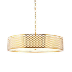 Luminosa Lighting Luminosa Cordero Cylindrical Pendant Ceiling Light Gold Effect Plate, White Fabric & Frosted Glass 5X E27