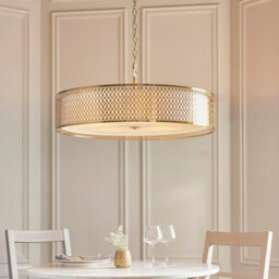Luminosa Lighting Luminosa Cordero Cylindrical Pendant Ceiling Light Gold Effect Plate, White Fabric & Frosted Glass 5X E27 - thumbnail 2