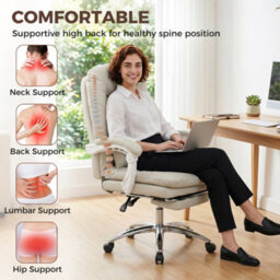 Homcom Reclining Office Chair, Desk Chair With Lumbar Support, Khaki - thumbnail 4