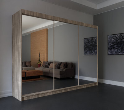 RAC3 Sliding Wardrobe With Mirror Space Saving Bedroom Wardrobe, Contemporary Bedroom Sliding Wardrobe & Mirror Wardrobe (Oak 250Cm) - image 1