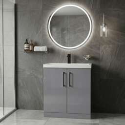 Balterley Bramshall Contemporary Bathroom Floor Standing 2-Door Vanity Unit & Mid-Edge Basin, Satin Grey, 800mm - thumbnail 2