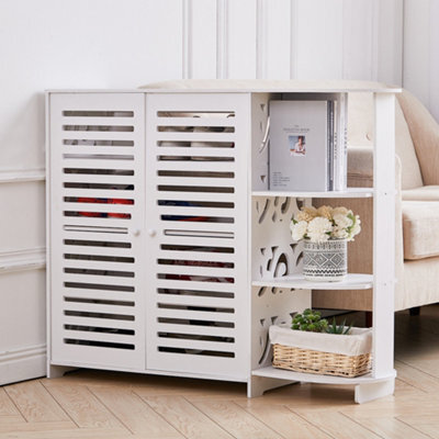 Living And Home 4 Tier White Modern Shoe Storage Cabinet With Double Doors And Open Shelf For Entryway - image 1