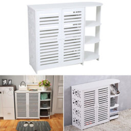 Living And Home 4 Tier White Modern Shoe Storage Cabinet With Double Doors And Open Shelf For Entryway - thumbnail 3