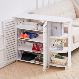 Living And Home 4 Tier White Modern Shoe Storage Cabinet With Double Doors And Open Shelf For Entryway - thumbnail 2